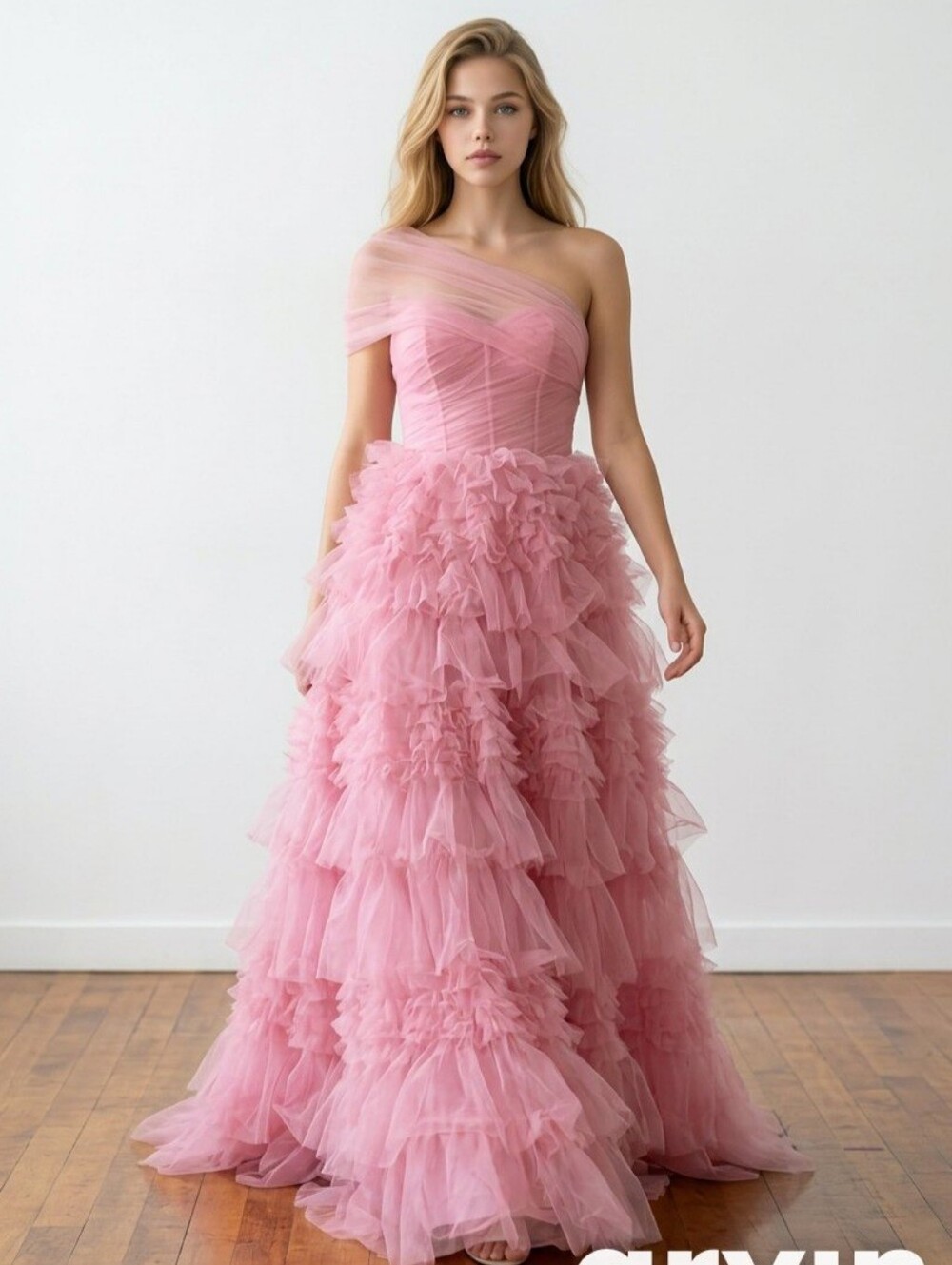 NWT Pink Tiered Tulle Straplessone shouldet  Ruffle Ball Gown Formal Sz 6